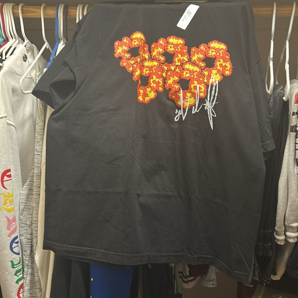 Black T-Shirt with Red and Orange Floral Design - Picture 2 of 5